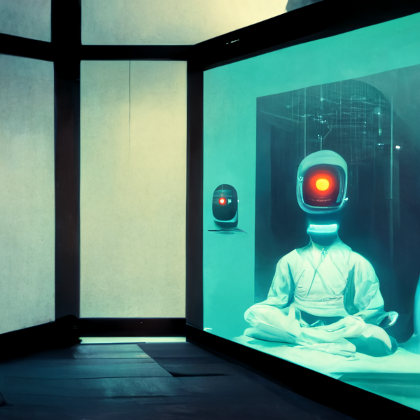 Computer-generated image of humanoid robot meditating